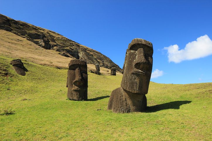 Two mysterious Moai statues on the hill in Easter Island